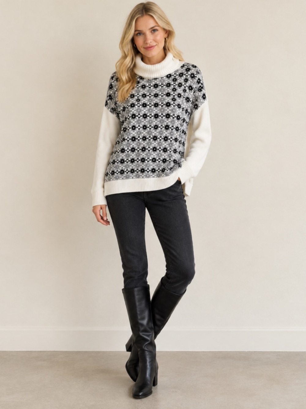 Tommy Hilfiger Black and White Fair Isle Turtleneck Sweater